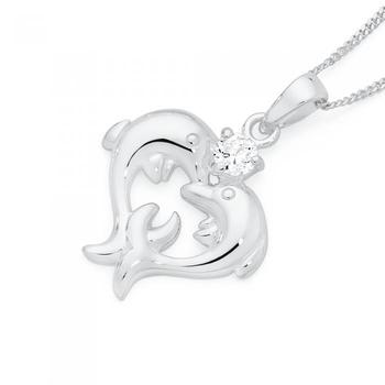 Silver CZ Dolphin Heart Pendant