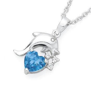 Silver Blue Cubic Zirconia Dolphin With Heart Pendant