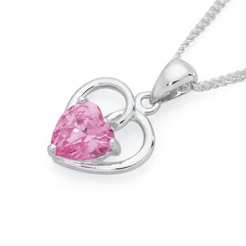 Silver Small Pink Cubic Zirconia Open Heart Pendant