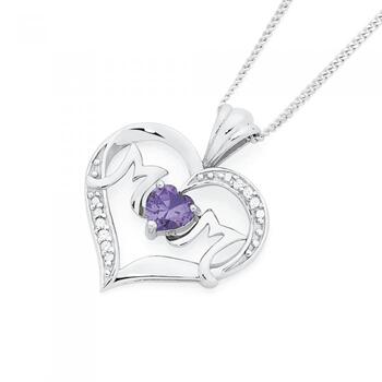 Silver Purple CZ Mum Heart Pendant