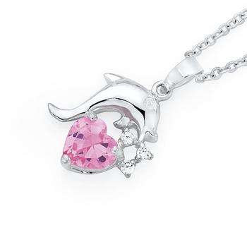 Silver Pink CZ Dolphin Heart Pendant