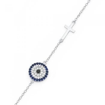 Sterling Silver 45cm Blue & White Cubic Zirconia  Evil Eye With Cross Necklet