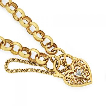 9ct Gold 19cm Solid Belcher Diamond Heart Padlock Bracelet