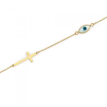 9ct Gold 18.5cm Mother of Pearl Evil Eye & Cross Bracelet