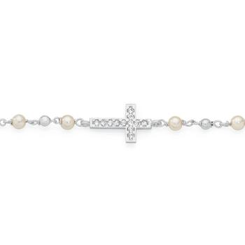 Silver Cubic Zirconia Long Cross On Pearl Rosary Bracelet