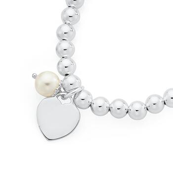 Silver Heart with Simulated Pearl Stretch Ball Bracelet