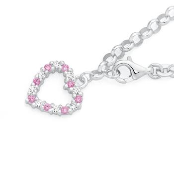 Silver Pink & White Cubic Zirconia Heart Belcher Bracelet