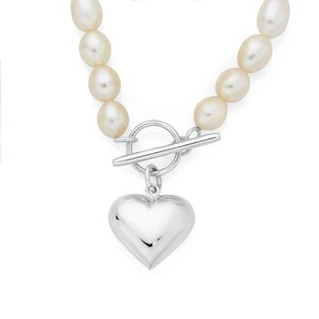 Silver Fresh Water Pearl Puff Heart Fob Bracelet