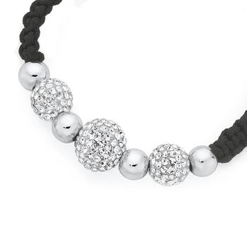 Silver White Crystal Ball Black Cord Bracelet