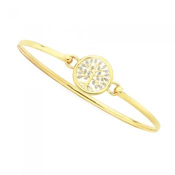9ct Gold Two Tone 60mm Hollow Tree Of Life Oval Bangle