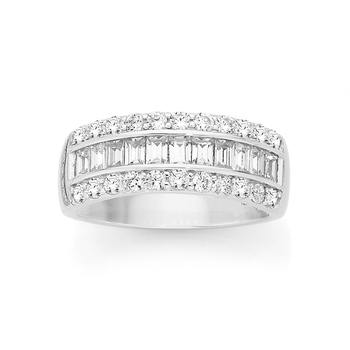Silver 3 Row Baguette & Round Cubic Zirconia Dress Ring
