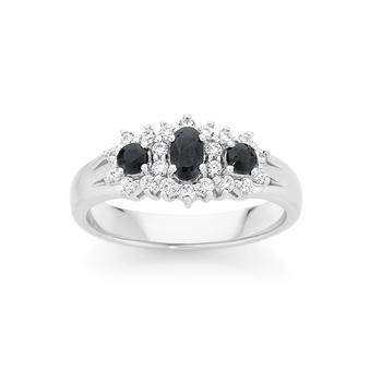 Silver Round & Oval Black Sapphire & CZ Ring