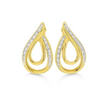 9ct Gold Diamond Double Tear Drop Stud Earrings