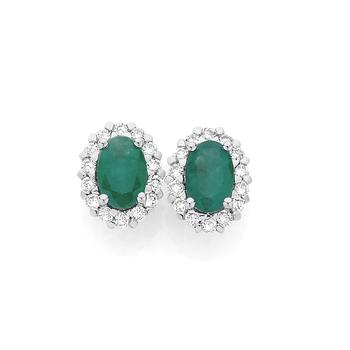 9ct Gold Emerald & Diamond Oval Frame Stud Earrings