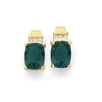 9ct Gold Created Emerald & Diamond Stud Earrings