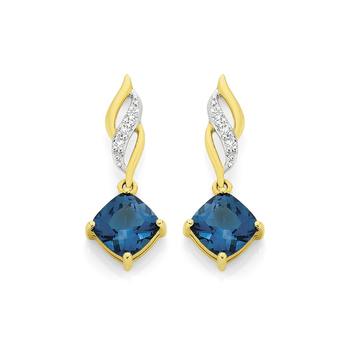 9ct Gold London Blue Topaz & Diamond Drop Earrings