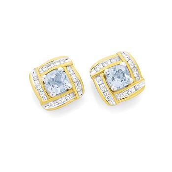 9ct Gold Aquamarine & Diamond Cushion Cut Frame Stud Earrings