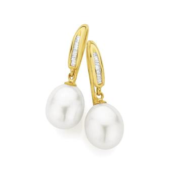 9ct Gold Cultured Fresh Water Pearl & Diamond Drop Earrings