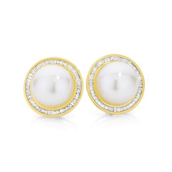 9ct Gold Cultured Freshwater Pearl & Diamond Baguette Cut Bezel Set Stud Earrings