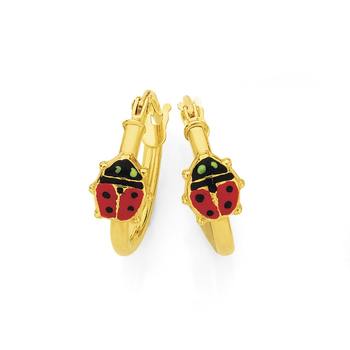 9ct Gold Red Ladybug Hoop Earrings