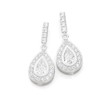 Silver CZ Pear Cluster Drop Earrings