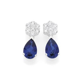 Silver Dark Blue CZ Pear Drop Earrings