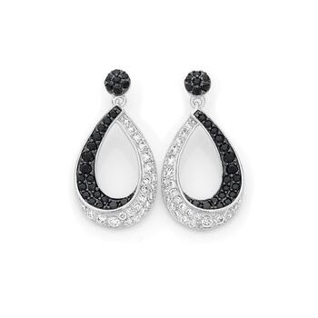Silver Black & White CZ Open Teardrop Earrings