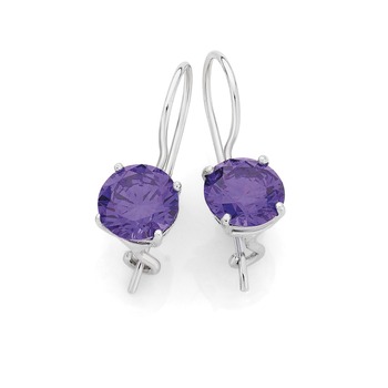 Silver Violet CZ Round Hook Earrings
