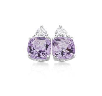 Silver Violet & White Cubic Zirconia Cushion Studs