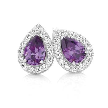 Silver Violet Cubic Zirconia Pear Cluster Stud Earrings