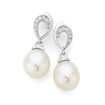 Silver Pearl & Cubic Zirconia Loop Earrings