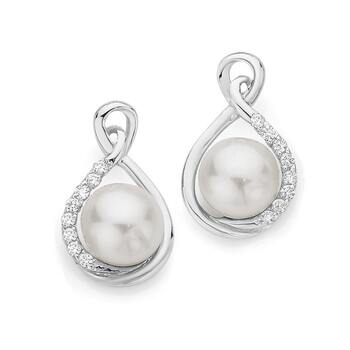 Silver Cultured Fresh Water Pearl & Cubic Zirconia Loop Stud Earrings