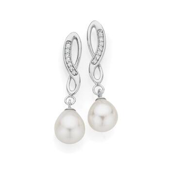 Silver Cultured Fresh Water Pearl & Cubic Zirconia Infinity Earrings