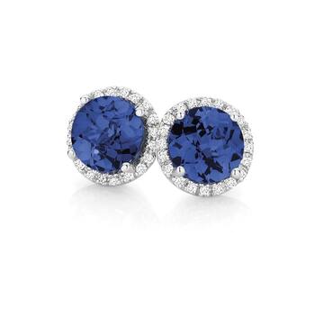 9ct White Gold Created Sapphire & Diamond Earrings
