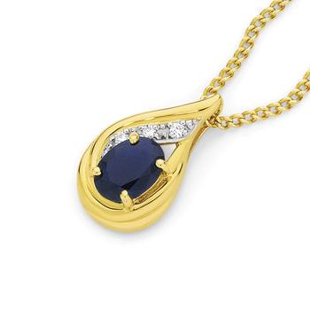 9ct Gold Sapphire & Diamond Swirl Flame Pendant