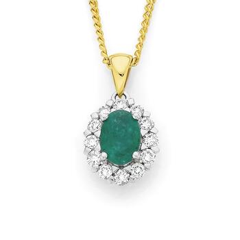 9ct Gold Emerald & .34ct Diamond Oval Frame Pendant