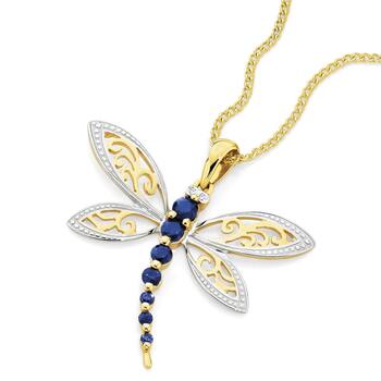 9ct Gold Created Sapphire & Diamond Dragonfly Pendant