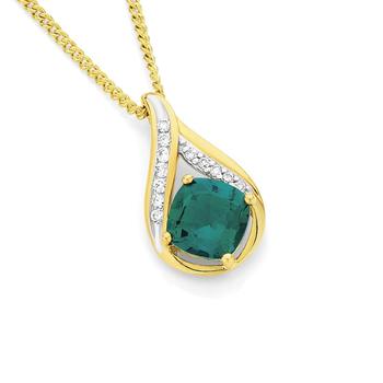9ct Gold Created Emerald & Diamond Cushion Cut Tear Drop Pendant