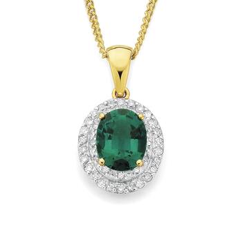 9ct Gold Created Emerald & Diamond Frame Pendant
