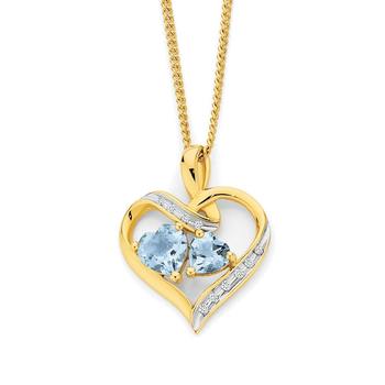9ct Gold Aquamarine & Diamond Heart Pendant