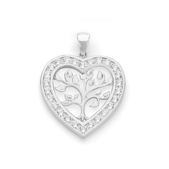 Silver Tree Of Life In Cubic Zirconia Heart Pendant