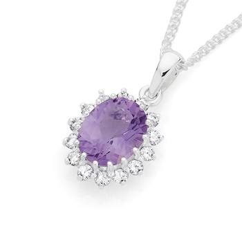 Silver Amethyst Oval CZ Cluster Pendant