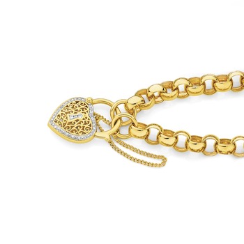 9ct Gold 19cm Belcher Diamond Padlock Bracelet