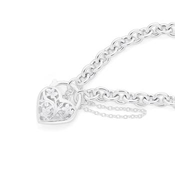 Silver 19cm Oval Cable Filigree Padlock Bracelet
