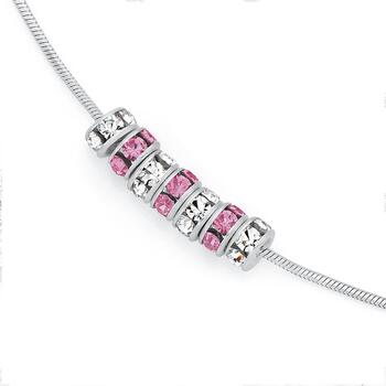 Silver Pink & White Crystal 7 Lucky Rings Anklet