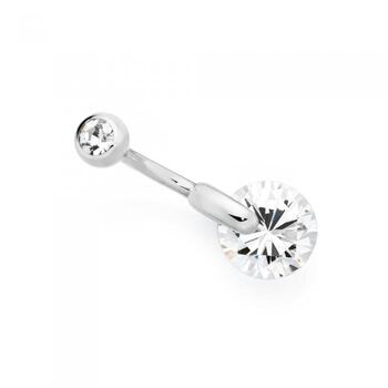 Silver & Steel Stainless White Cubic Zirconia Round Belly Bar