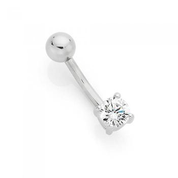 Silver & Stainless Steel Round Cubic Zirconia Belly Bar