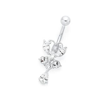 Silver & Stainless Steel Crystal Butterfly Belly Bar