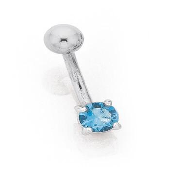 Silver & Stainless Steel Round Blue Cubic Zirconia Belly Bar
