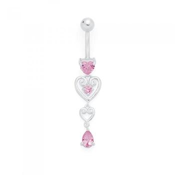 Silver & Stainless Steel Pink CZ Filigree Heart Drop Belly Bar